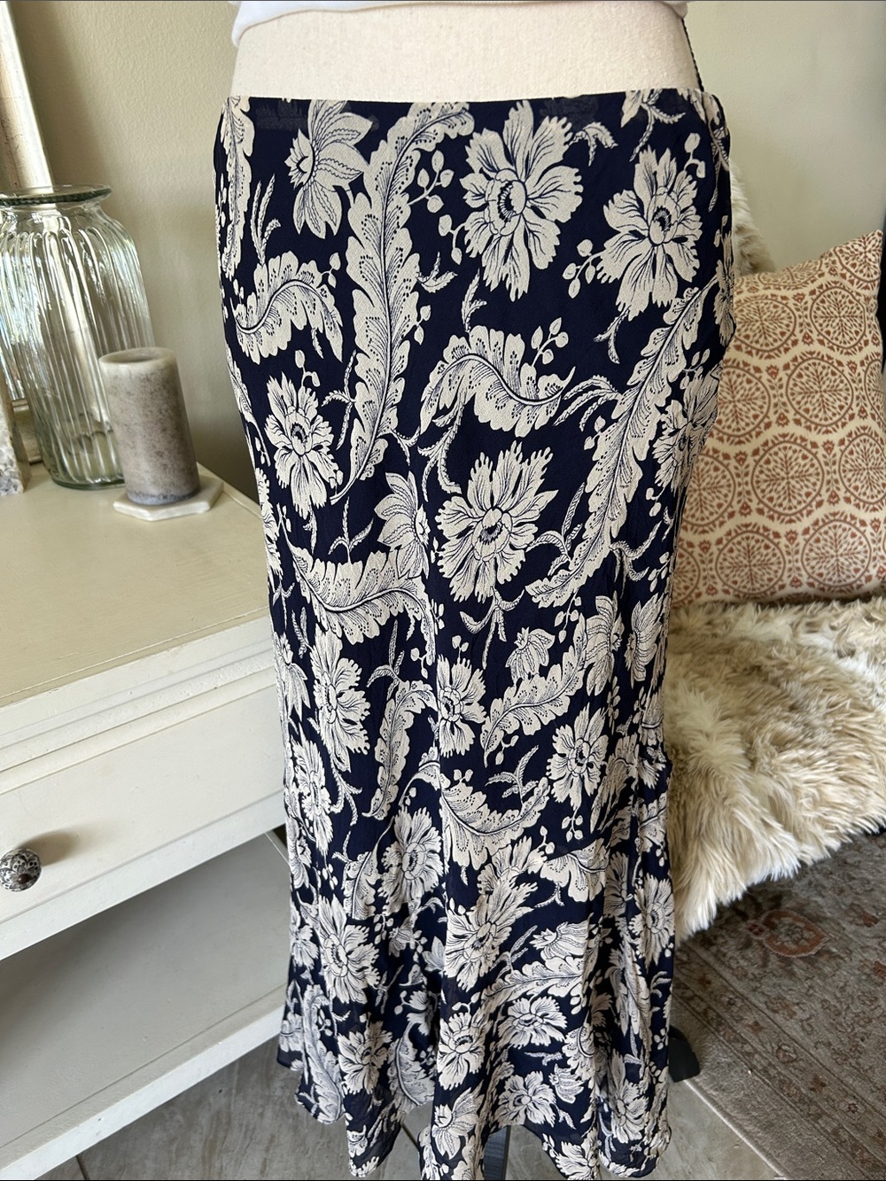 Ralph Lauren Vtg navy beige boho western country floral pull on midi skirt 10 L - Picture 2 of 13